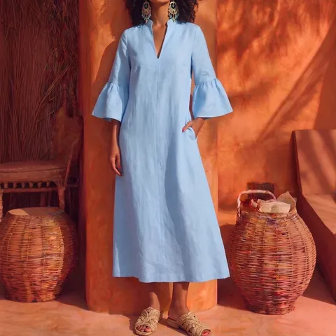 Vestido Midi Casual con Cuello en V y Manga con Volantes de Color Sólido para Mujer Elegante Holgado Recto con Bolsillos Verano