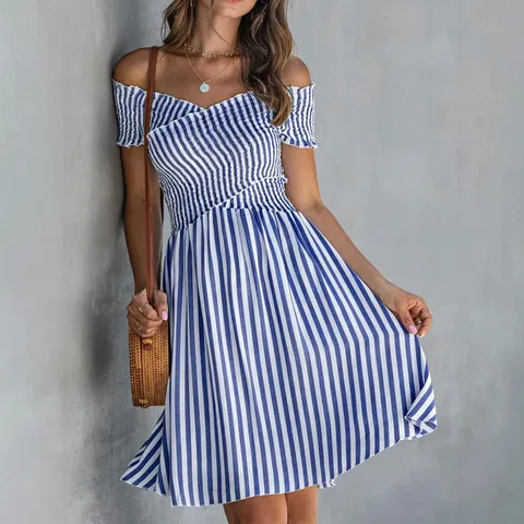Vestido Midi A Rayas Con Hombros Descubiertos para Mujer Manga Corta Corte Ajustado Casual Elegante Vestido de Verano Moda