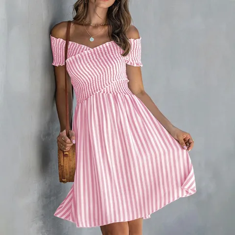 Vestido Midi A Rayas Con Hombros Descubiertos para Mujer Manga Corta Corte Ajustado Casual Elegante Vestido de Verano Moda