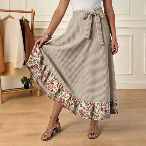 Falda Larga Fluida de Verano para Mujer Talle Alto Lazo Casual Elegante Estampado Floral Botánico Falda Midi Línea A