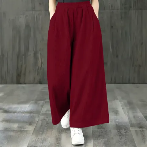 Women's Casual High Waist Wide Leg Corduroy Pants Loose Straight Long Trousers