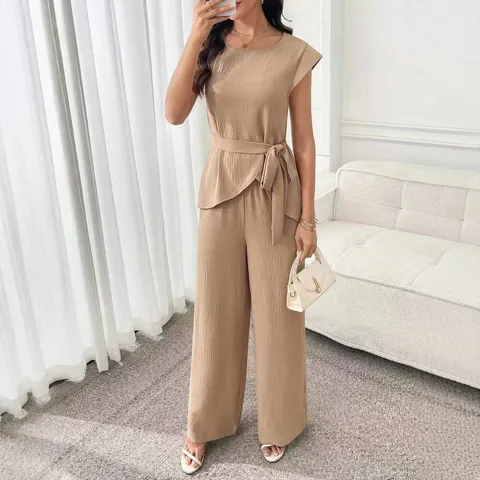Conjunto Casual de Dos Piezas para Mujer Cuello Redondo Cintura Ajustada Top Manga Corta Pantalón Ancho Color Sólido Traje Elegante