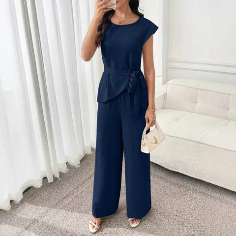 Conjunto Casual de Dos Piezas para Mujer Cuello Redondo Cintura Ajustada Top Manga Corta Pantalón Ancho Color Sólido Traje Elegante