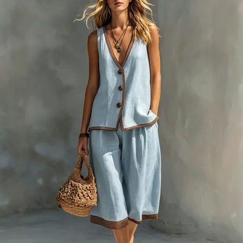 Mujer Casual Color Sólido Botón Chaleco Y Shorts Parte Superior E Inferior Estilo Resort Conjunto De Verano