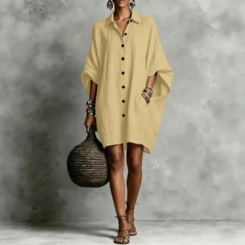 Vestido Camisero Casual Suelto con Manga Murciélago para Mujer Color Sólido