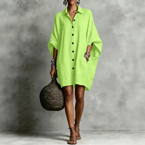 Vestido Camisero Casual Suelto con Manga Murciélago para Mujer Color Sólido