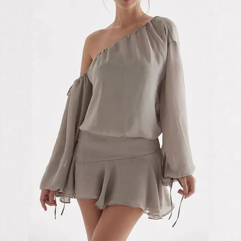 Vestido Midi Casual de Gasa con Hombros Descubiertos y Manga Larga Volantes Elegante Color Sólido Slanted Neck Vestido de Fiesta