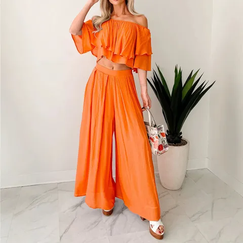 Women European American Style Off Shoulder Ruffle Collar Crop Top And Bottom Polyester Casual Suit Fashion Outfit