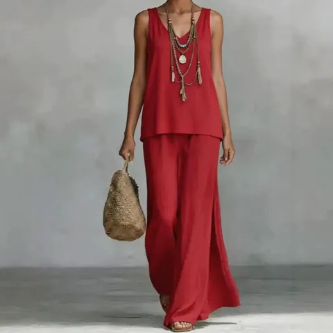 Damen Sommer Böhmisch Casual V-Ausschnitt Ärmellos Tanktop Und Weite Hosen Passendes Top Und Unten Set