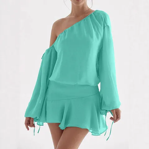 Vestido Midi Casual de Gasa con Hombros Descubiertos y Manga Larga Volantes Elegante Color Sólido Slanted Neck Vestido de Fiesta