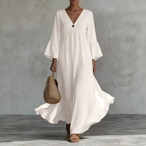 Vestido Largo Maxi de Vacaciones Holgado con Cuello en V Profundo y Manga Acampanada Bohemio para Mujer Color Sólido Casual