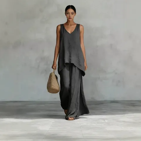 Damen Sommer Böhmisch Casual V-Ausschnitt Ärmellos Tanktop Und Weite Hosen Passendes Top Und Unten Set