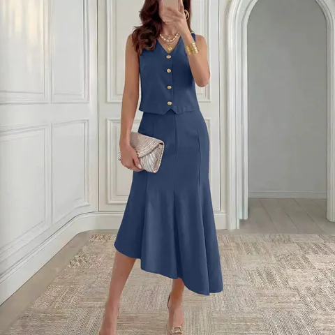 Conjunto de Falda de Dos Piezas con Cuello en V Chaleco y Falda Sirena Elegante de Oficina para Mujer Poliéster Color Sólido