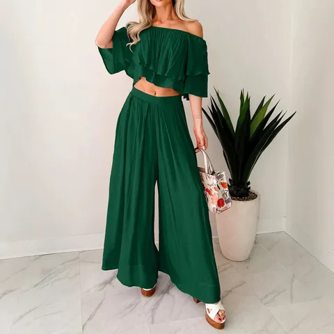 Women European American Style Off Shoulder Ruffle Collar Crop Top And Bottom Polyester Casual Suit Fashion Outfit