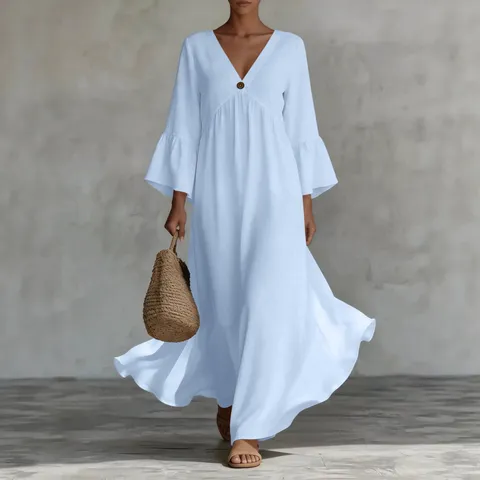 Vestido Largo Maxi de Vacaciones Holgado con Cuello en V Profundo y Manga Acampanada Bohemio para Mujer Color Sólido Casual