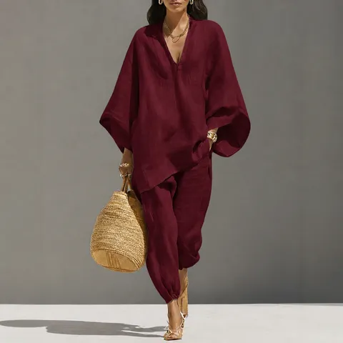 Conjunto de Verano Casual para Mujer Color Sólido Manga Murciélago Cuello V Parte Superior e Inferior Pantalón Holgado