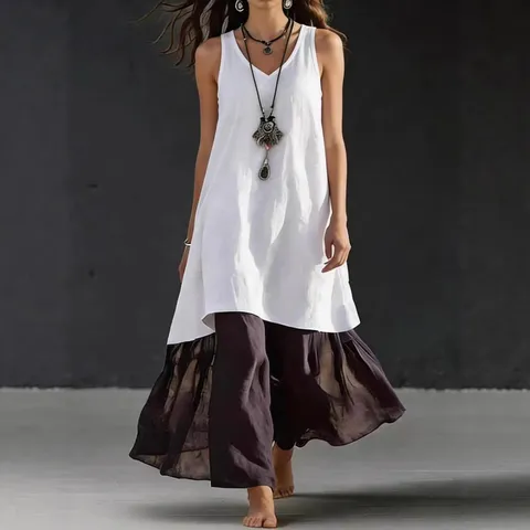 Mujer Casual Color Sólido Vestido Largo Sin Mangas Cuello en V Vestido Maxi Suelto Elegante Vestido de Playa Plisado de Verano