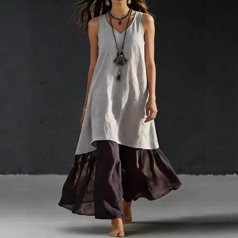 Mujer Casual Color Sólido Vestido Largo Sin Mangas Cuello en V Vestido Maxi Suelto Elegante Vestido de Playa Plisado de Verano
