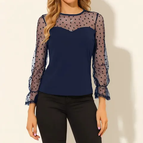 Camiseta Casual Slim Fit Manga Larga Cuello Redondo Topos Patchwork Elegante Mesh Splice Top