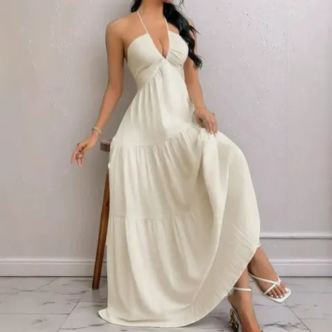 Vestido Largo Maxi Halter con Cuello en V Profundo Sexy para Mujer Sin Mangas Espalda Descubierta Cintura Alta Fiesta Vacaciones