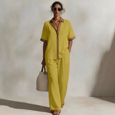 Mujer Casual Cuello Camisero Color de Contraste Camisa de Manga Corta Y Pantalones Largos Conjunto Traje Diario de Verano
