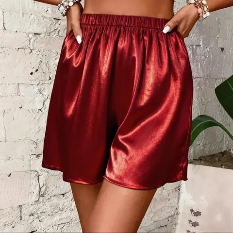 Shorts de Satén para Mujer Casual Cintura Alta Holgado Liso Color Sólido Pantalón Corto de Verano para Playa y Uso Diario