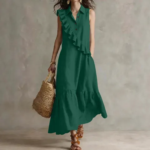 Vestido Maxi Vintage Sin Mangas Cuello Sastre para Mujer Color Sólido Patchwork Casual Commute Vestido Largo Elegante Damas Poliéster