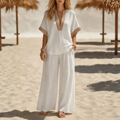 Conjunto de Top de Manga Corta con Cuello en V y Pantalones Anchos de Verano Casual para Mujer