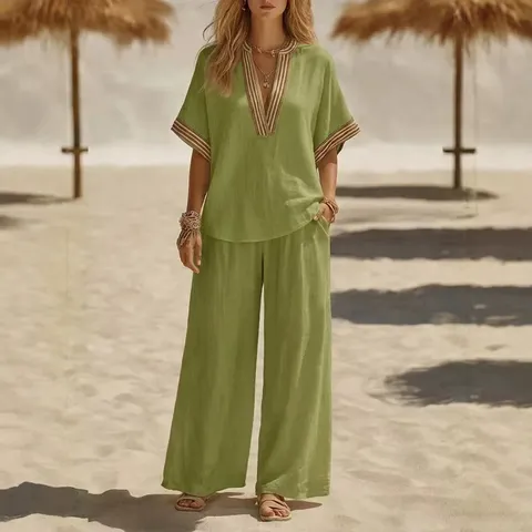 Conjunto de Top de Manga Corta con Cuello en V y Pantalones Anchos de Verano Casual para Mujer