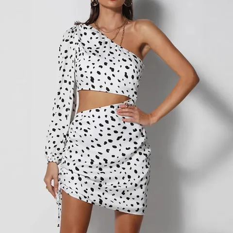 Vestido Mini Ajustado Sexy de Un Hombro Manga Larga Estampado Leopardo Hueco Fruncido Mujer Estilo Urbano Fiesta Club