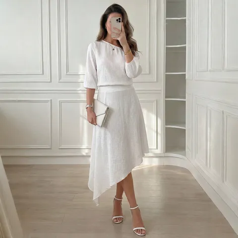 Mujer Casual Hombros Fuera Manga Tres Cuartos Top Y Parte Inferior Color Sólido Elegante Moda Chic Atuendo Diario