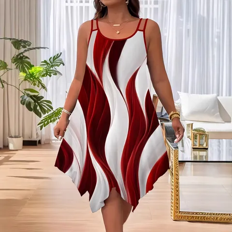 Vestido Casual de Verano de Talla Grande para Mujer Elegante Sin Mangas Cuello Redondo Dobladillo Irregular Estampado de Olas Abstractas Vestido Largo