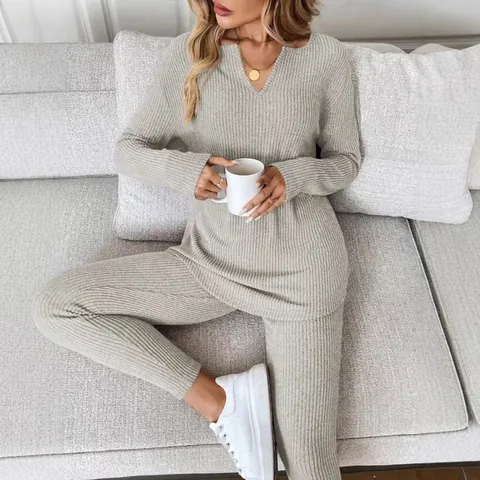 Conjunto Casual para Mujer Punto Acanalado Parte Superior Y Inferior Manga Larga Cuello en V Jersey Color Sólido Ropa de Casa