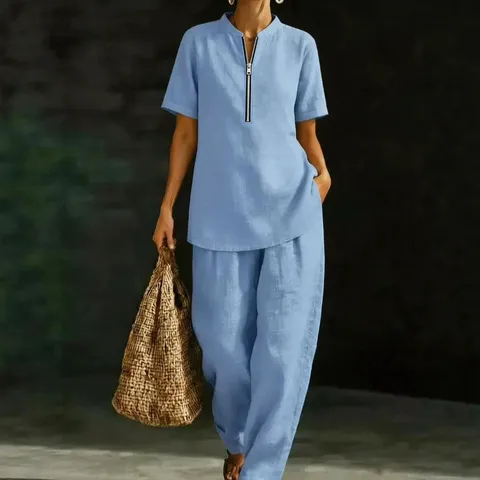 Conjunto de Dos Piezas Casual de Color Sólido para Mujer Manga Corta Cuello Cisne Top con Cremallera y Pantalones Largos