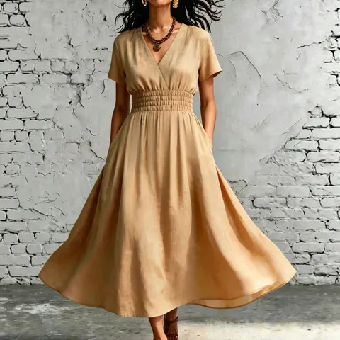 Vestido Largo Maxi de Línea A Casual con Cuello en V y Manga Corta Liso Cintura Elástica para Mujer Elegante de Poliéster
