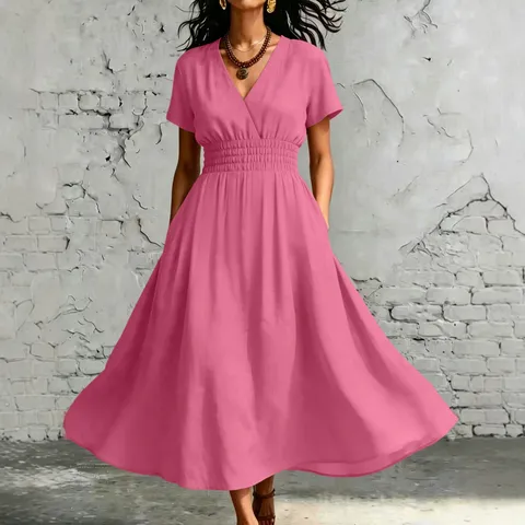 Vestido Largo Maxi de Línea A Casual con Cuello en V y Manga Corta Liso Cintura Elástica para Mujer Elegante de Poliéster
