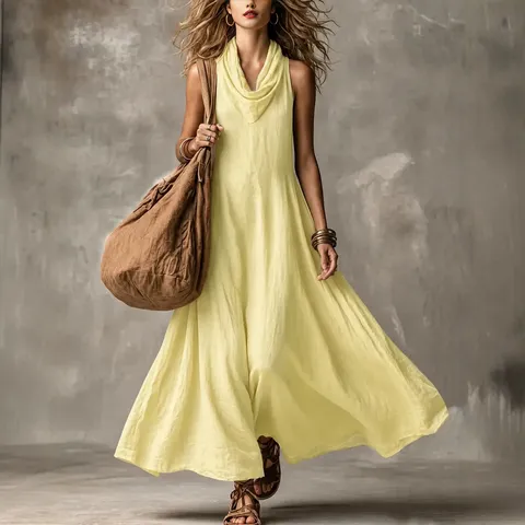 Mujer Verano Sin Mangas Cuello Desbocado Color Sólido Suelto Gran Swing Vestido Largo Casual Vacaciones Vestido Maxi Línea A