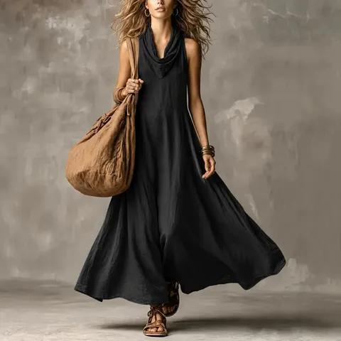 Mujer Verano Sin Mangas Cuello Desbocado Color Sólido Suelto Gran Swing Vestido Largo Casual Vacaciones Vestido Maxi Línea A