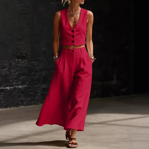 Top y Parte Inferior de Chaleco con Cuello en V y Pantalones Anchos Casual para Mujer Poliéster Sin Mangas Crop Top Pantalón Largo