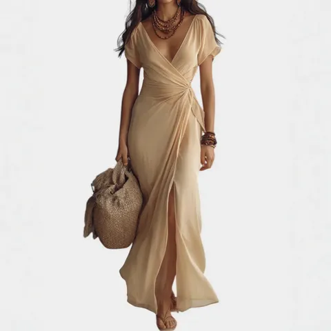 Mujer Casual Cuello en V Manga Corta Cintura Alta Apertura Color Sólido Gasa Maxi Vestido Elegante Vestido Largo de Vacaciones