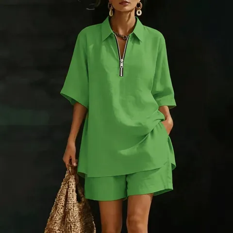 Mujer Casual Color Sólido Solapa Media Cremallera Camisa de Manga Corta y Shorts Conjunto Verano Holgado Chándal Atuendo
