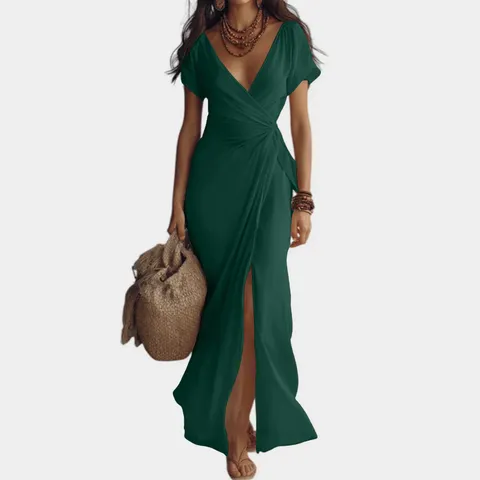Mujer Casual Cuello en V Manga Corta Cintura Alta Apertura Color Sólido Gasa Maxi Vestido Elegante Vestido Largo de Vacaciones