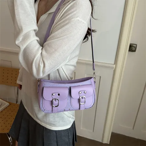 Vintage PU Leather Underarm Bag For Women Solid Color Baguette Bag With Double Front Pockets Metal Buckle Fashion Shoulder Bag