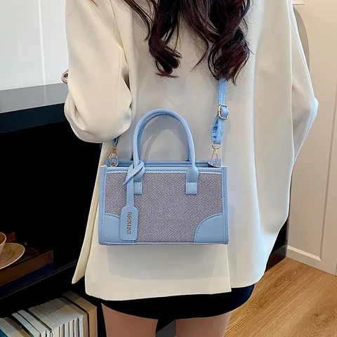 Bolso de Mano de Moda para Mujer Cuero PU Patchwork de Paja Bolso de Hombro Cruzado Bolso Cuadrado Pequeño para Conmutar Verano