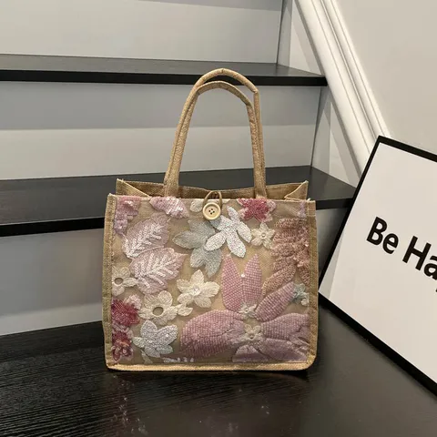 Damen Pailletten Gestickte Jute Tote Bag Große Kapazität Blumen Stroh Stil Handtasche Mit Holzknopf Lässige Urlaub Reise Handtasche