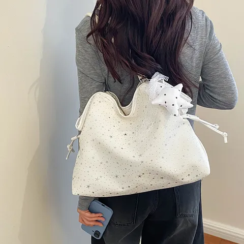 Koreanischer Stil Mode Segeltuch Große Kapazität Unterarmtasche Damen Schulter Totebag Stern Buchstabe Bestickt Handtasche