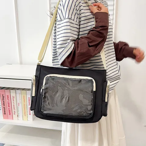 Women Large Capacity Ita Bag Transparent Messenger Bag Nylon Crossbody Student School Shoulder Bag With Multi Pockets