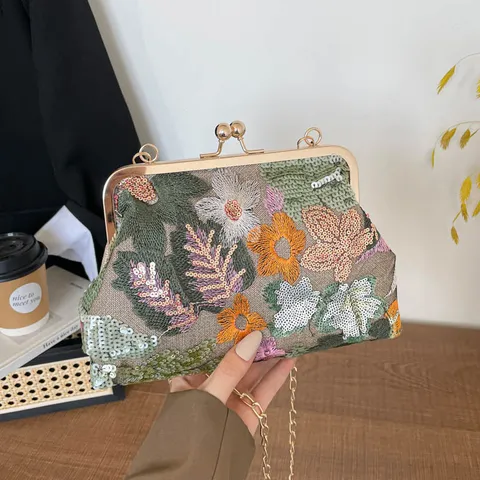 Retro Floral Embroidered Crossbody Bag for Women Sequin Clasp Closure Chain Shoulder Bag Horizontal Square Evening Purse