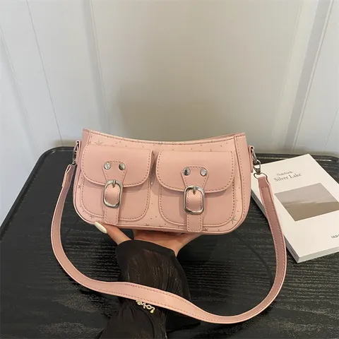 Vintage PU Leather Underarm Bag For Women Solid Color Baguette Bag With Double Front Pockets Metal Buckle Fashion Shoulder Bag