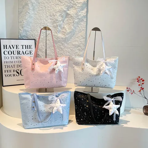 Women Large Polyester Star Print Tote Bag Casual Rhinestone Top Handle Shoulder Handbag For Daily Travel Commuting